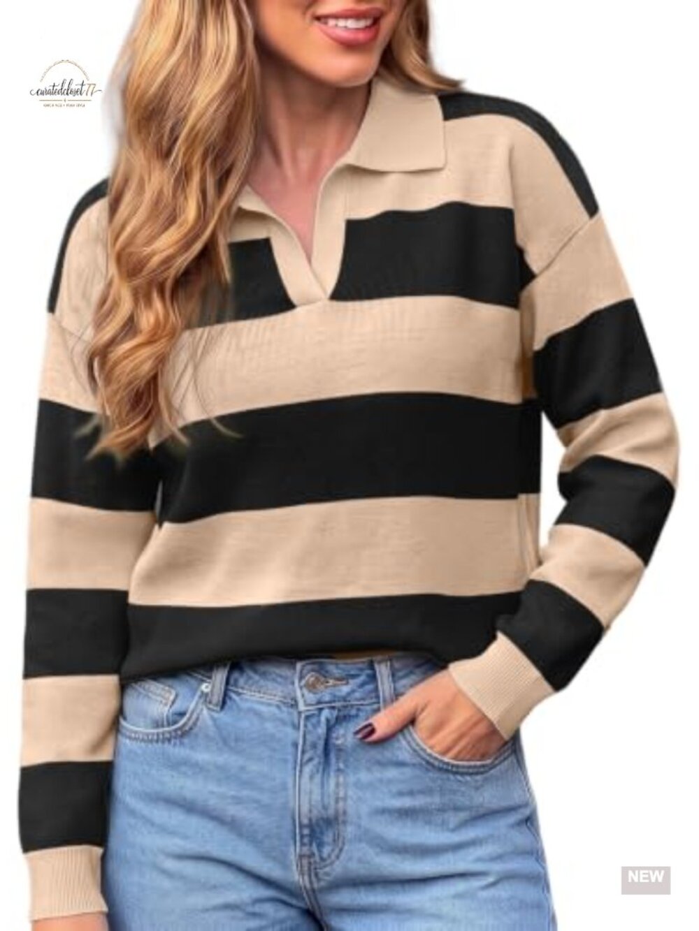Striped Polo Sweater Oversized Knit Pullover Long Sleeve